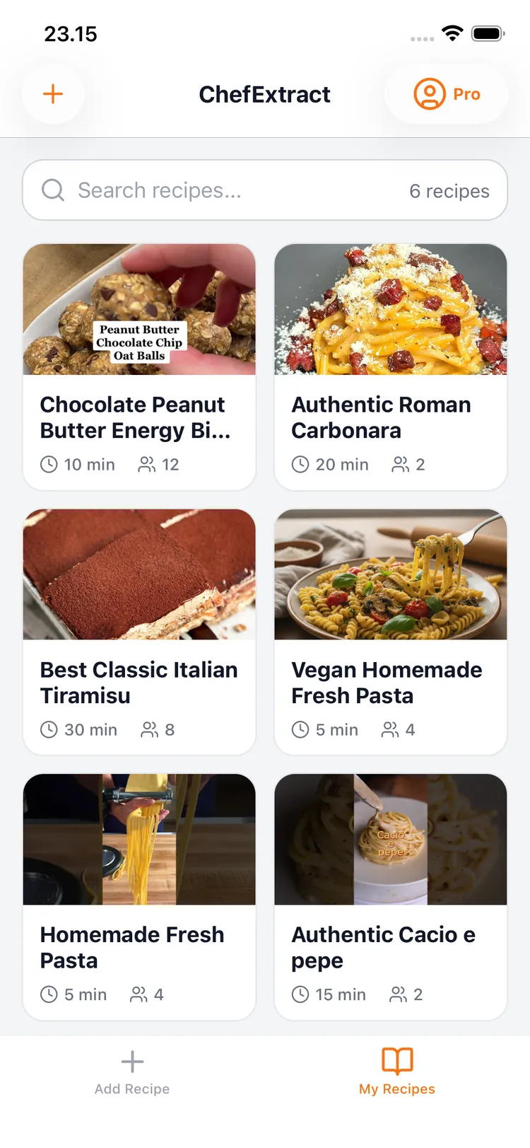 ChefExtract app — My Cookbook screen